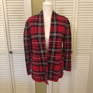 Lands’ End Red and Black Plaid Cozy Classic Quality Stylish Cardigan Sweater